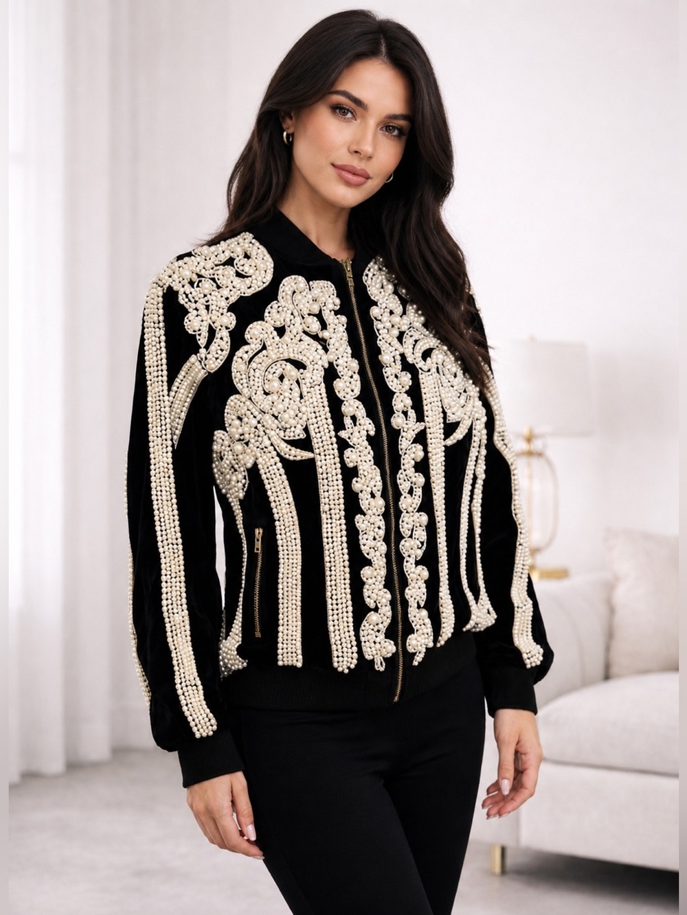 Vintage Elegant Black and White Embellished Jacket